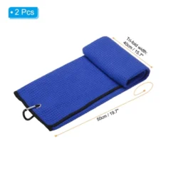 Unique Bargains Super Absorbent Waffle Pattern Tri-Fold Microfiber Golf Towels With D Clips 20"x16" 2 Pcs