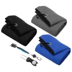 Unique Bargains Microfiber Waffle Golf Towels 3 Pcs With Club Cleaning Brush And Divot Tool 16"x16" -Futuro Brand GUEST 7835f7da 95ad 4307 ba46 e76567055e2f
