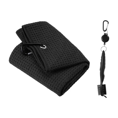 Unique Bargains Microfiber Waffle Pattern Tri-fold Golf Towel With Club Groove Cleaning Brush 1 Set 4 Unique Bargains Microfiber Waffle Pattern Tri-fold Golf Towel With Club Groove Cleaning Brush 1 Set - Image 4